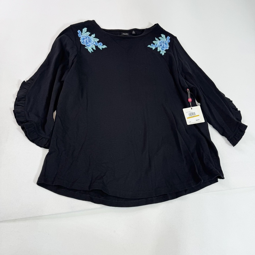 Rafaella Shirt Womens 2X Black Embroidered Floral Ruffle‎ Sleeve Tunic Top